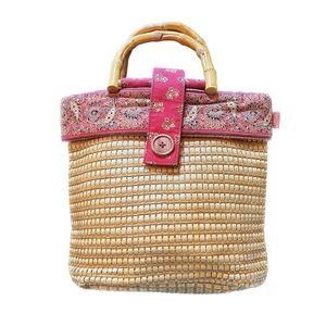 MAGGIB Handbag Woven Straw Red Paisley Print Trim & Lining Bamboo Handle Purse